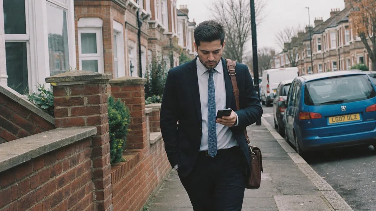 A mortgage adviser out between appointments on a British street, phone in hand
