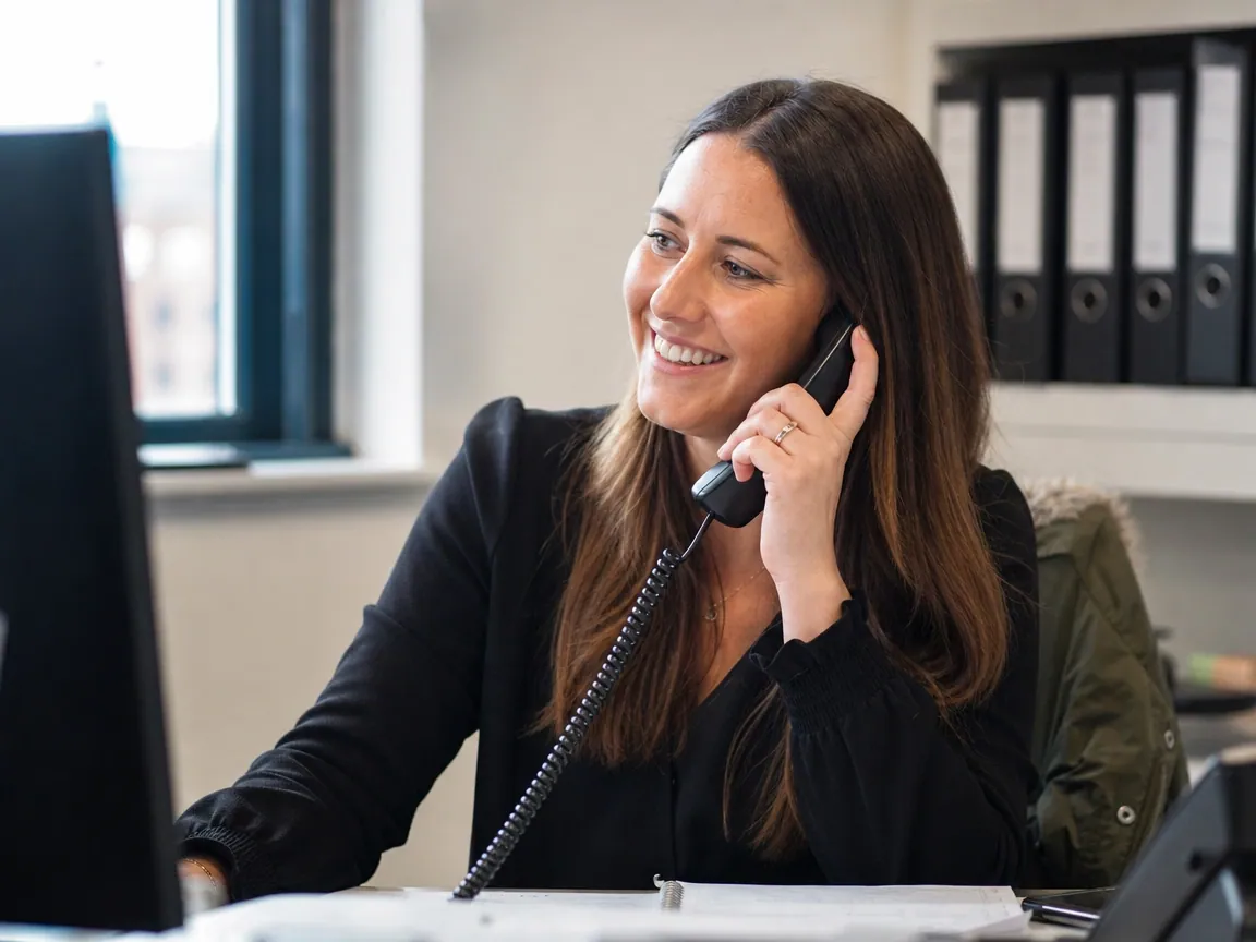 A mortgage adviser smiling while calling a client back